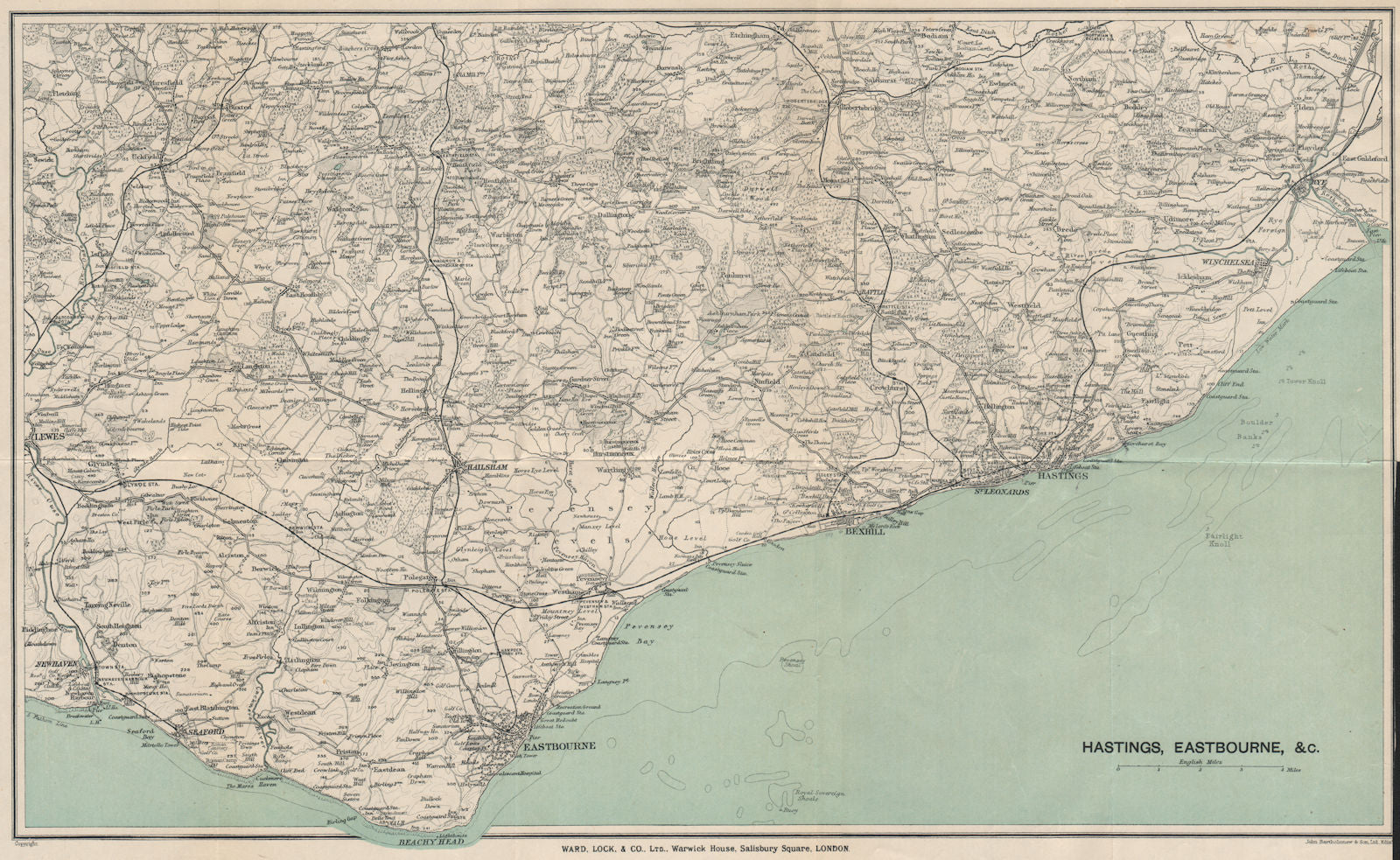 EAST SUSSEX COAST. Hastings Eastbourne Rye Bexhill Beachy Head 1919 old map